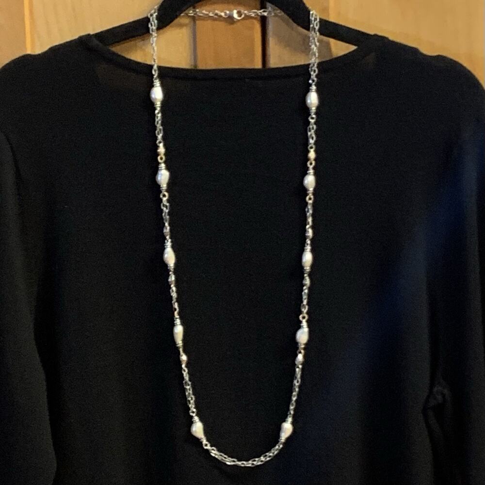 14K Gold, Sterling Silver, Baroque Pearl & Diamond 38 In. Station Necklace by DP